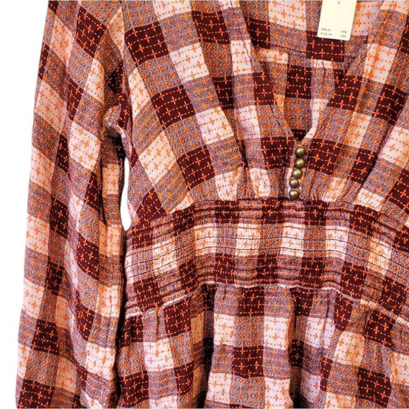 Pilcro Red Plaid Deep V Embroidered Blouse Size M NWT - Picture 5 of 7
